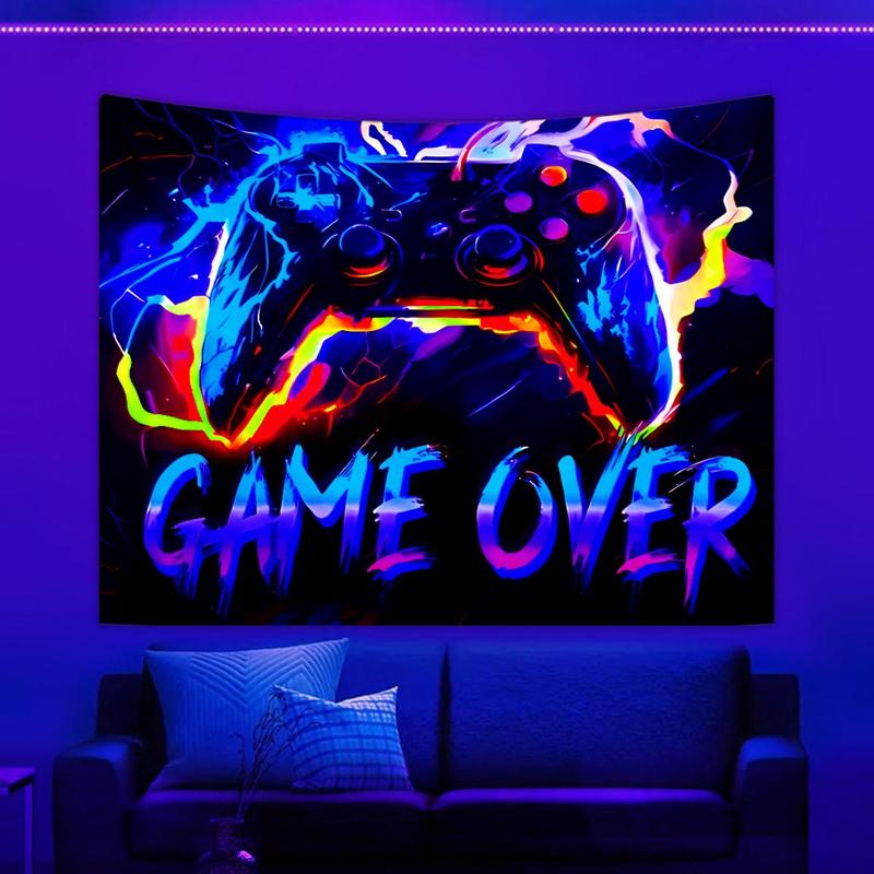 Gamepad & Letter Pattern Tapestry, 1 Count UV Reaction Game Controller Fluorescent Tapestry, Wall Hanging Blanket for Home Bedroom Dormitory