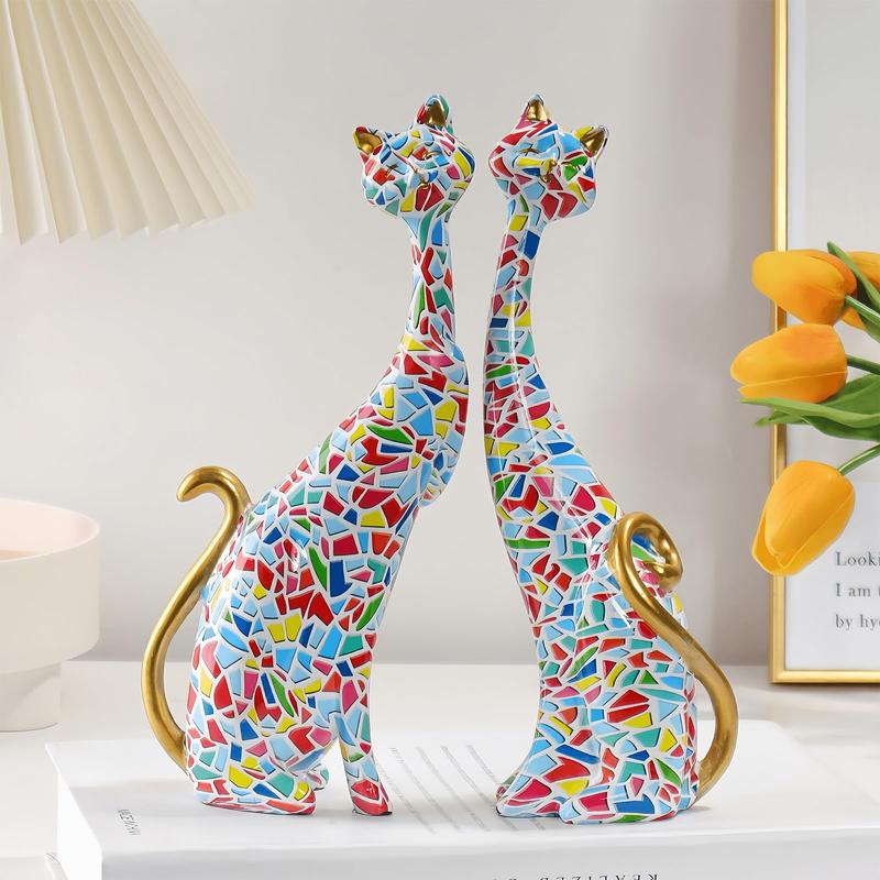 Colorful Cat Design Resin Ornament, 1 Pair Cute Cat Statue Decoration Craft, Desktop Decoration for Home Office, Ideal Gift for Friends