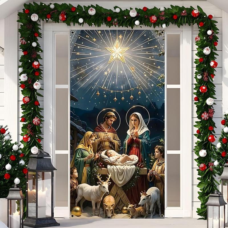 Christmas Themed Door Banner, 1 Count Jesus Birth Door Hanging Banner, Festive Backdrop for Home Living Room Bedroom, Party Decoration Supplies