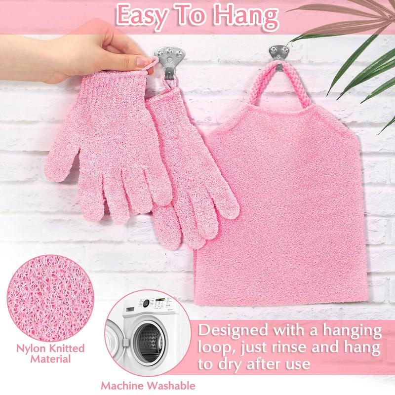 Exfoliating shower gloves, back washer set suitable for body, face, shower, shower, scrub, and exfoliating (pink)