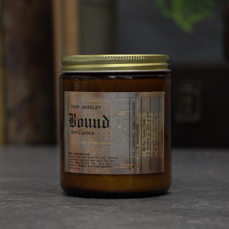 Bound Soy Candle by Thor Bradley   leather, sage, cypress & eucalyptus scented candle