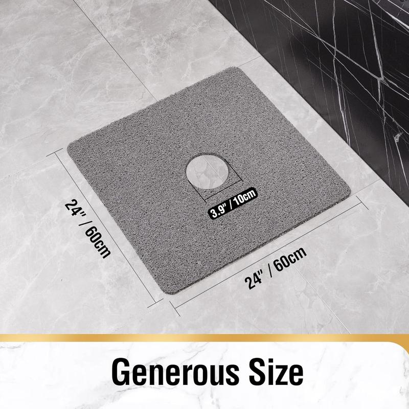 Square Shower Mat, 24 x 24 Inch Non Slip Bath Mat for Tub, Soft PVC Loofah Bathtub Mats with Drain Holes, Quick Drying Bathroom Stall Floor Mat, Bathroom Accessories without Suction Cup, Grey