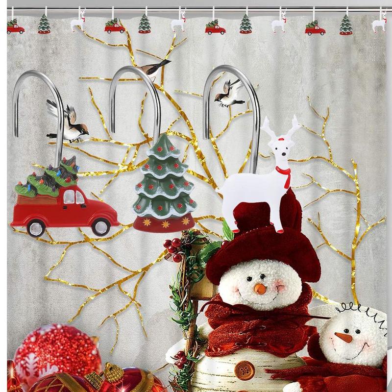 Christmas Themed Shower Curtain Hooks, 12pcs set Cute Reindeer & Truck & Tree Design Shower Curtain Hooks, Bathroom Accessories for Home Decor