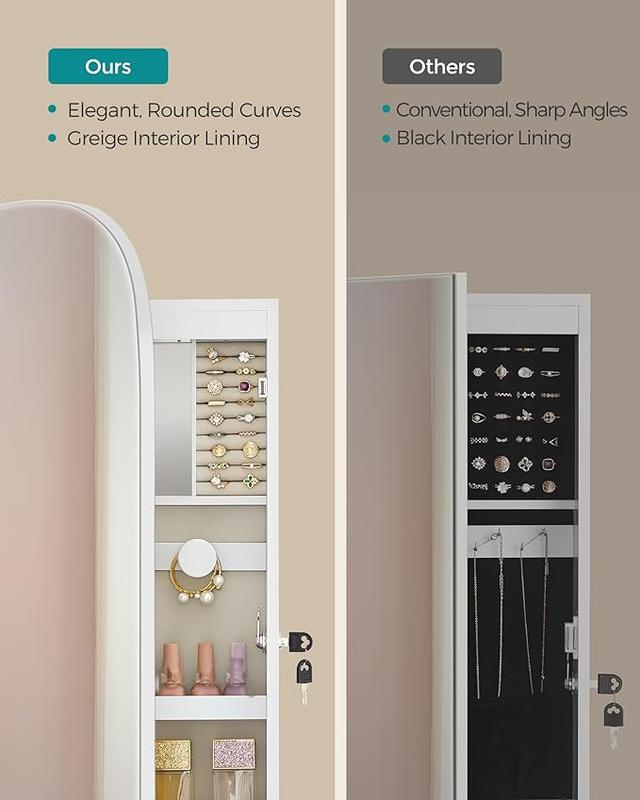 SONGMICS HOME LED 360° Swivel Jewelry Cabinet Wall or Door Mounted, Lockable Rounded Wide Mirror with Storage, Interior Mirror Decor