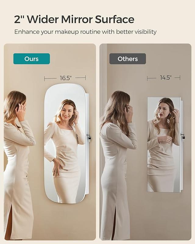 SONGMICS HOME LED 360° Swivel Jewelry Cabinet Wall or Door Mounted, Lockable Rounded Wide Mirror with Storage, Interior Mirror Decor