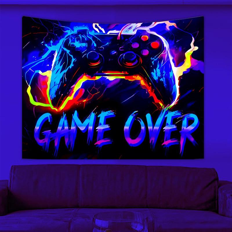 Gamepad & Letter Pattern Tapestry, 1 Count UV Reaction Game Controller Fluorescent Tapestry, Wall Hanging Blanket for Home Bedroom Dormitory