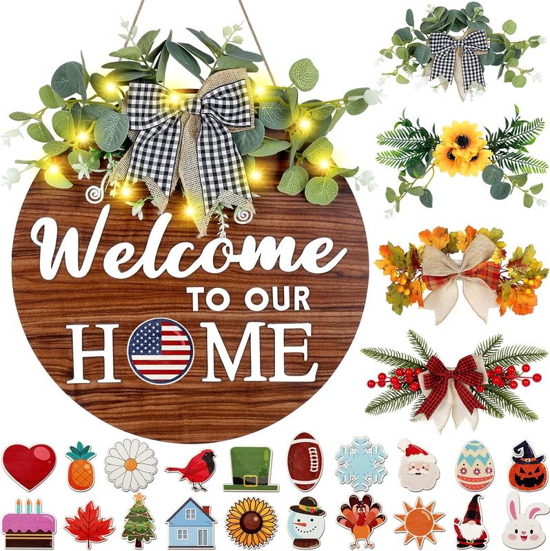 Interchangeable Welcome Sign for Front Door Wooden, Christmas décor with 4 Seasonal Wreaths&21 Changeable Icons Linen Ornaments Decoration Gifts Light