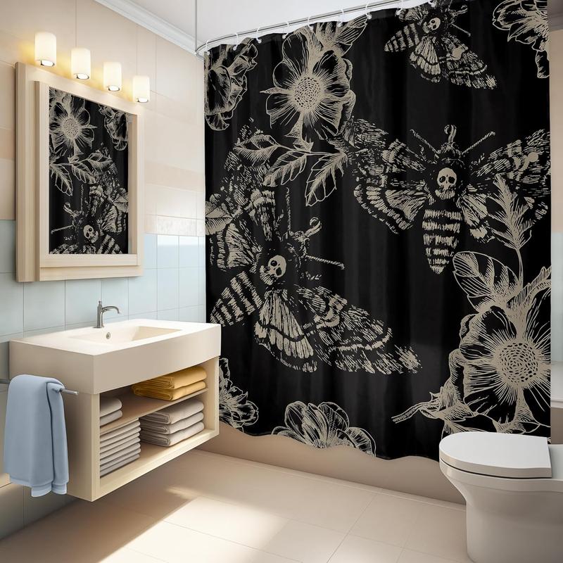 Gothic Skull Halloween Shower Curtain Bathroom Set 60Wx71H Inches Death Head Moth Scary Black Flower Leaves Mysterious Butterfly Bath Accessories Retro Art Home Decor Fabric 12 Pack Hooks