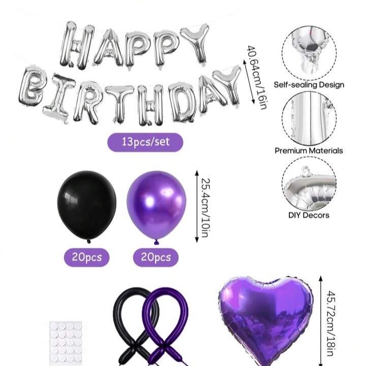 61pcs Set 16-Inch Silver Happy Birthday Foil Balloon Set with Black, Purple Latex & Heart Balloons for English Letters Decoration