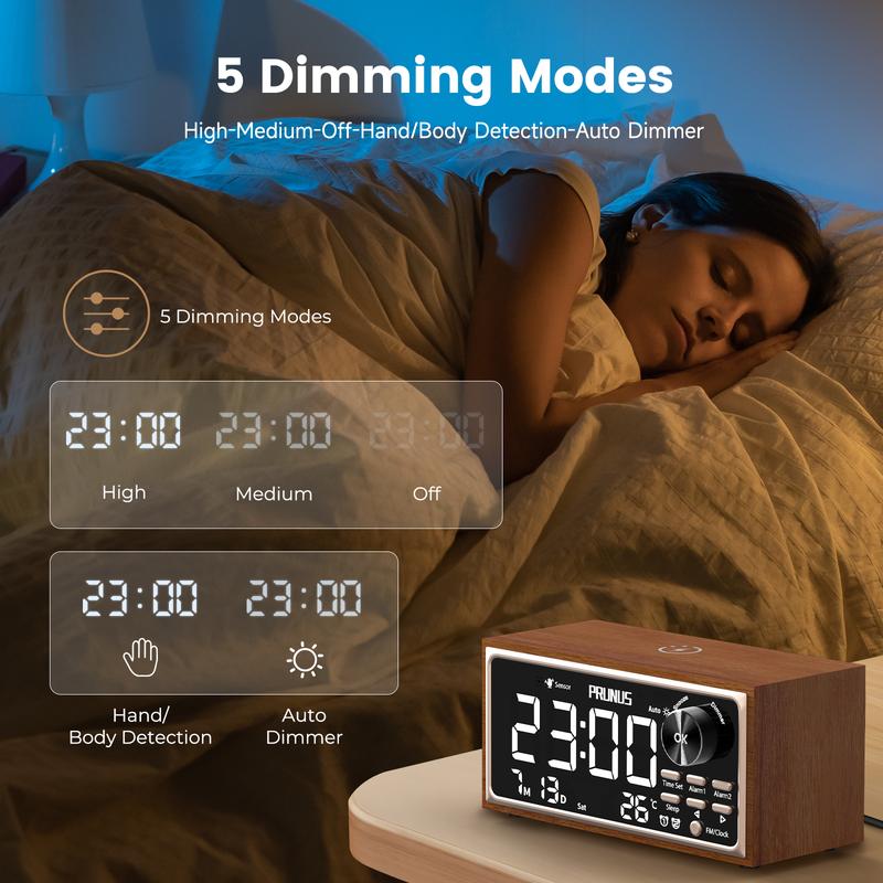 PRUNUS J-177 Retro Vintage Alarm Clock Radio with Fast Wireless Charging, Dual Alarms, Snooze, Sleep Aid, Large LED Display,Dimmer Control,Body Sensor,Auto-Dimming,Retro Clock for Bedroom