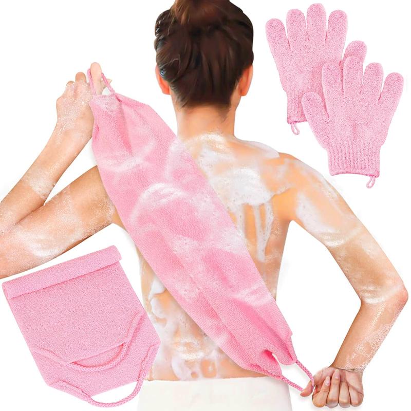 Exfoliating shower gloves, back washer set suitable for body, face, shower, shower, scrub, and exfoliating (pink)