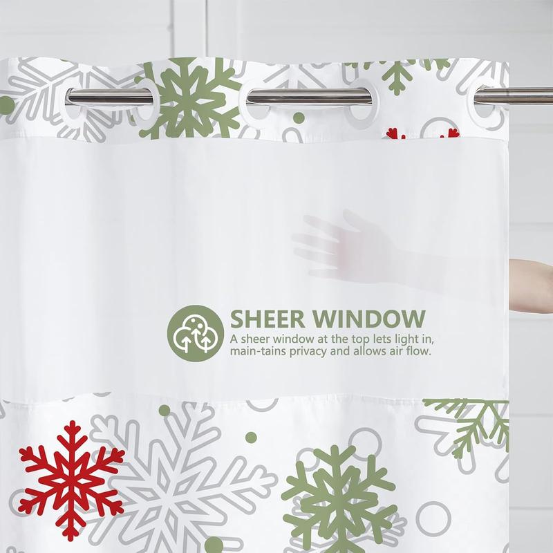 No Hook Winter Snowflake Shower Curtain, Hookless Christmas Shower Curtain,Red and Green Xmas New Year Holiday Bathroom Bathtubs Decor with Snap in Liner, Waterproof Polyester Fabric 71X74in