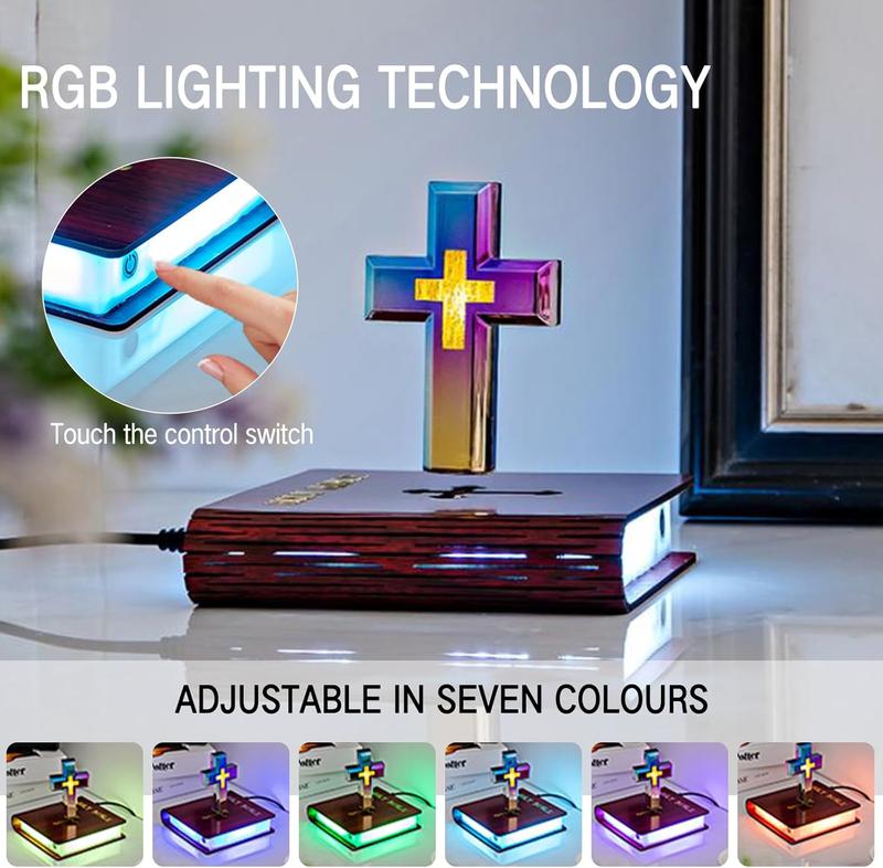 Magnetic Levitating Cross Lamp, Floating Bible Lamp, Color-Changing LED Lights, Perfect for Religious Gifts and Decor Decoration Room, Cross Decoration with Glowing Base Festival Gifts Wedding Ornaments