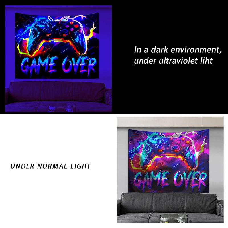 Gamepad & Letter Pattern Tapestry, 1 Count UV Reaction Game Controller Fluorescent Tapestry, Wall Hanging Blanket for Home Bedroom Dormitory