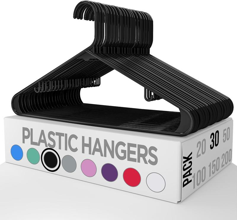 Plastic Hangers 30 Pack - Clothes Hanger with Hooks - Durable & Space Saving Coat Hanger - Heavy Duty Black Hangers - Skirt Hangers