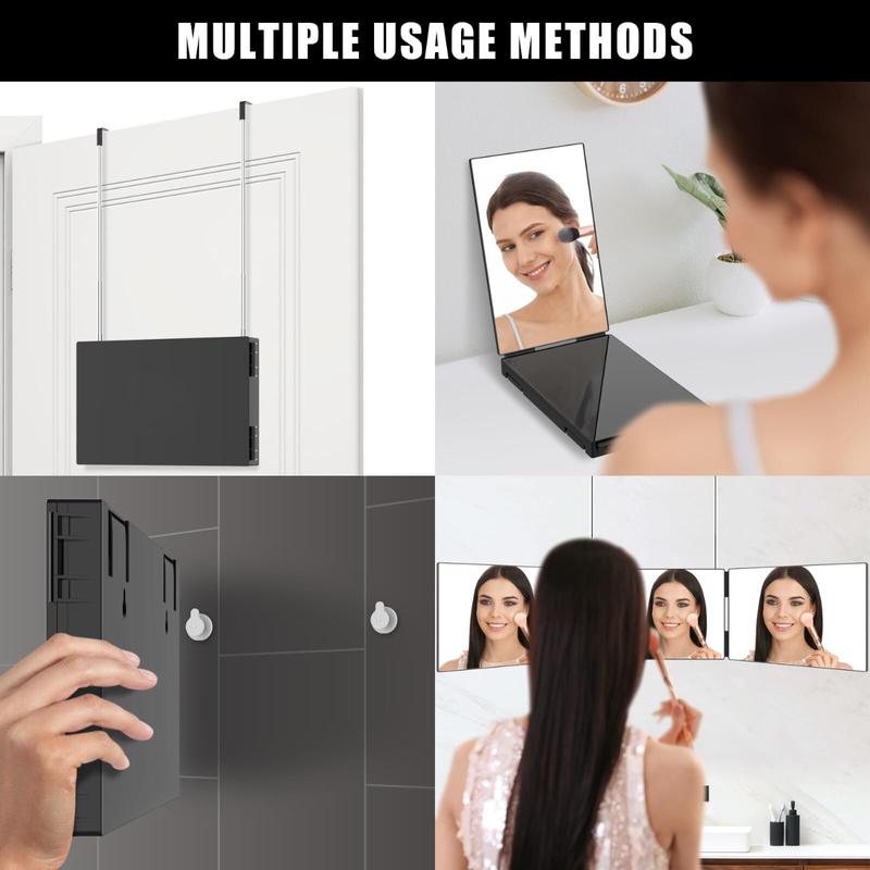 3 Way Mirror for Hair Cutting, Tri-fold Mirror for Shaver and Makeup, Height Adjustable with Two Hold Nails Self Haircut Mirror