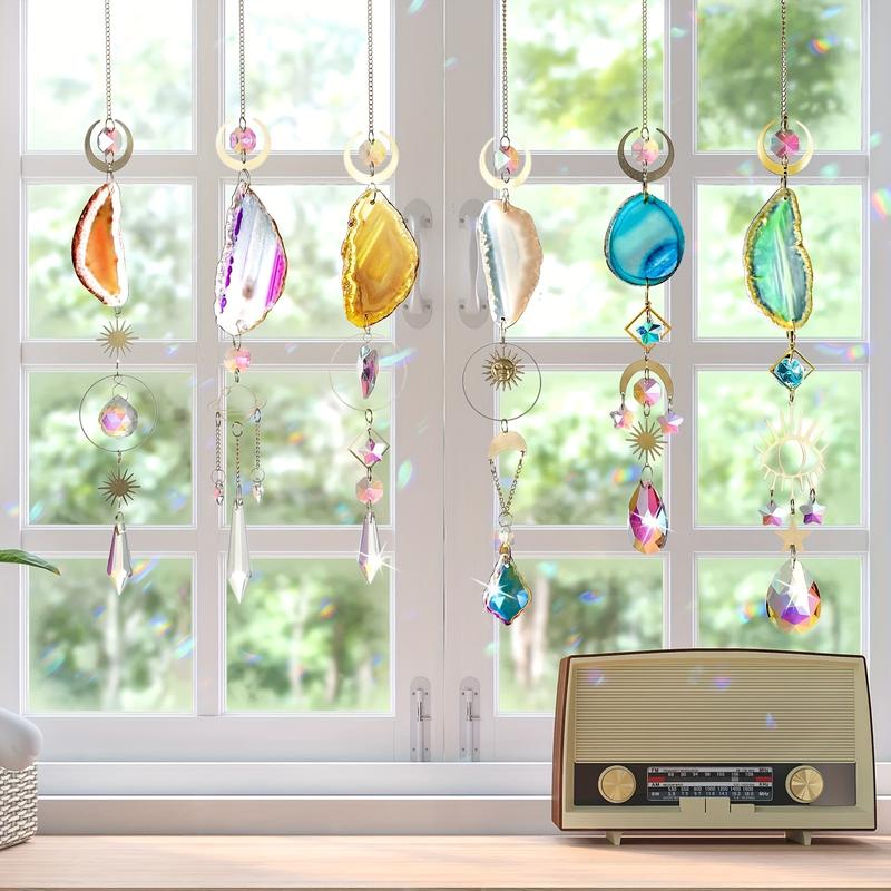 6 PCs Catcher, Sun Catcher Indoor Window Hanging Sun Catcher with Crystal Light Catcher with Prism and Agate Slices for Indoor Outdoor Home Garden Wedding Decoration