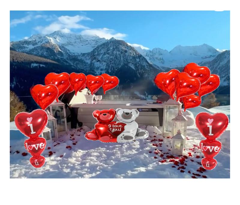 Apintop 'I Love You' Balloon Kit Big Teddy Bear Foil Balloon2 linked I Love You and 12 Heart Foil Balloon 1000 Silk Rose Petals (ready separated)  Suitable with Air or Helium for Romantic Decorations Includes air balloon pump 100 dot glue Gift Set Wedding