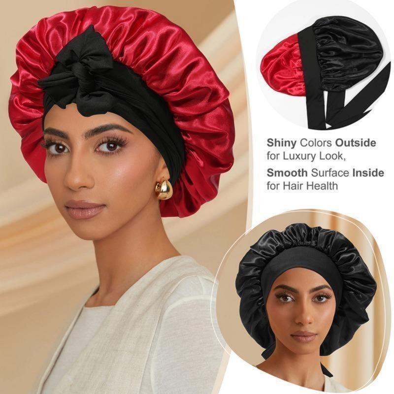 Double Layered Satin Night Caps, 1 Count Hair Care Silk-like Bonnet Sleeping Hat Shower Caps for Women Nightcap with Elastic Tie Band Gifts