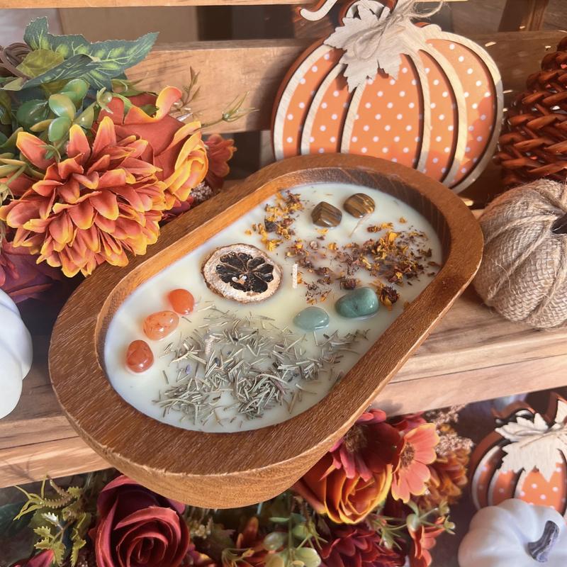 The Moon Heart Fall Dough bowl candle - large and farmhouse style with crystals Decor Light Fragrance Wood