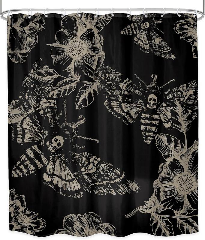 Gothic Skull Halloween Shower Curtain Bathroom Set 60Wx71H Inches Death Head Moth Scary Black Flower Leaves Mysterious Butterfly Bath Accessories Retro Art Home Decor Fabric 12 Pack Hooks