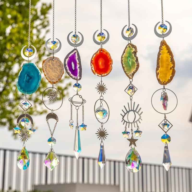 6 PCs Catcher, Sun Catcher Indoor Window Hanging Sun Catcher with Crystal Light Catcher with Prism and Agate Slices for Indoor Outdoor Home Garden Wedding Decoration