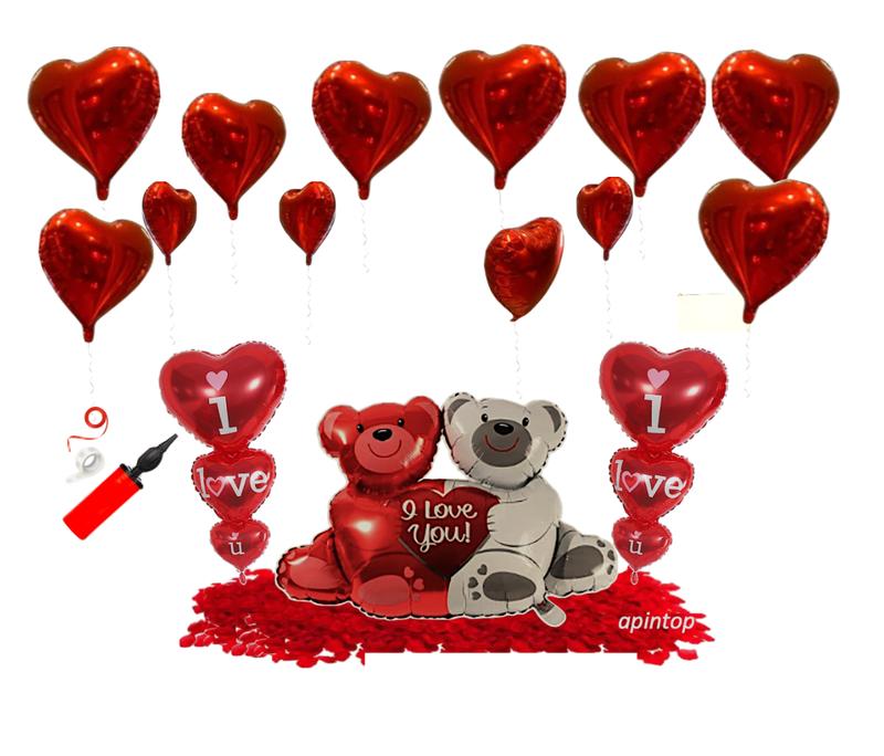 Apintop 'I Love You' Balloon Kit Big Teddy Bear Foil Balloon2 linked I Love You and 12 Heart Foil Balloon 1000 Silk Rose Petals (ready separated)  Suitable with Air or Helium for Romantic Decorations Includes air balloon pump 100 dot glue Gift Set Wedding