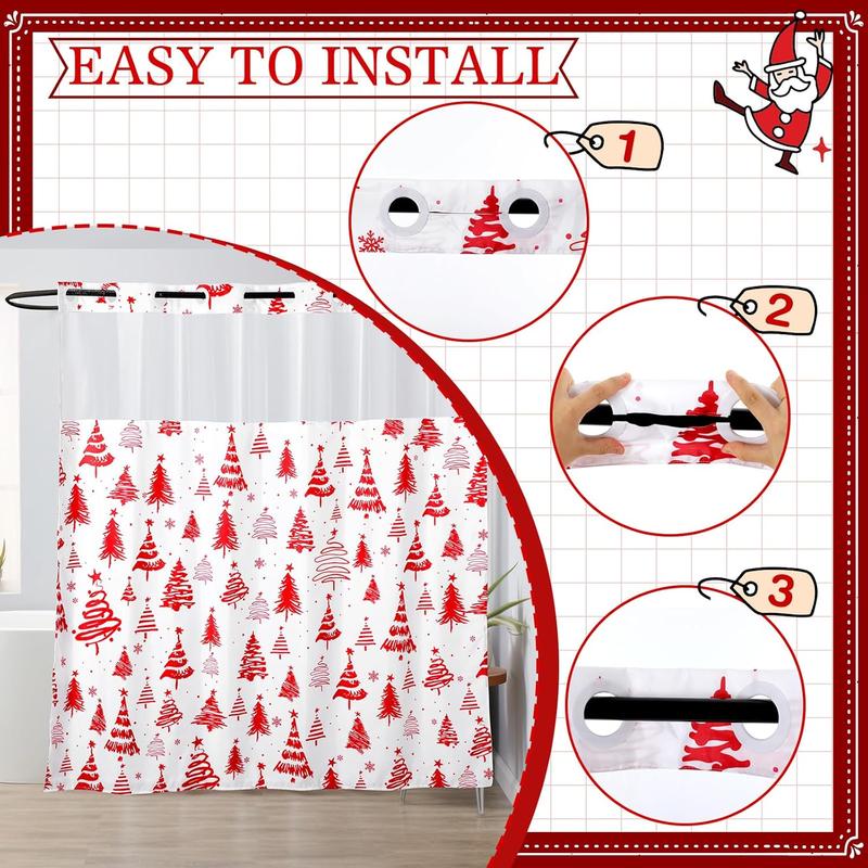 No Hook Christmas Shower Curtain, Double Layer Christmas Tree Shower Curtain with Snap in Liner Red White Christmas Tree Shower Curtain for Bathroom Hotel Decor, 71