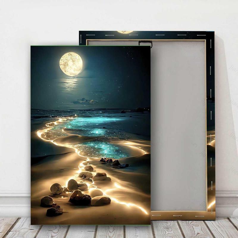 Moon & Sea Pattern Wall Art, 1 Count Modern Canvas Painting with Frame, Wall Art Decor for Home Living Room Bedroom Study Room