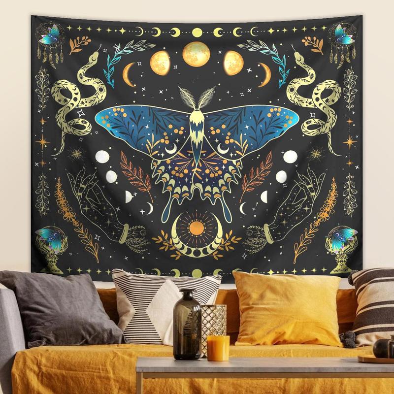 Butterfly & Moon Pattern Tapestry, Bohemian Plant Starry Sky Tapestry, Wall Hanging for Bedroom Living Room Study Room Office