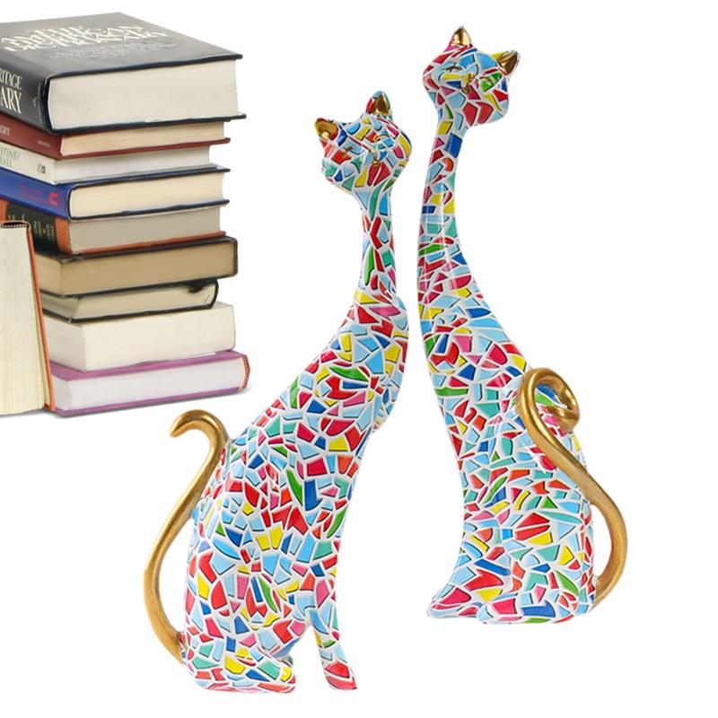 Colorful Cat Design Resin Ornament, 1 Pair Cute Cat Statue Decoration Craft, Desktop Decoration for Home Office, Ideal Gift for Friends