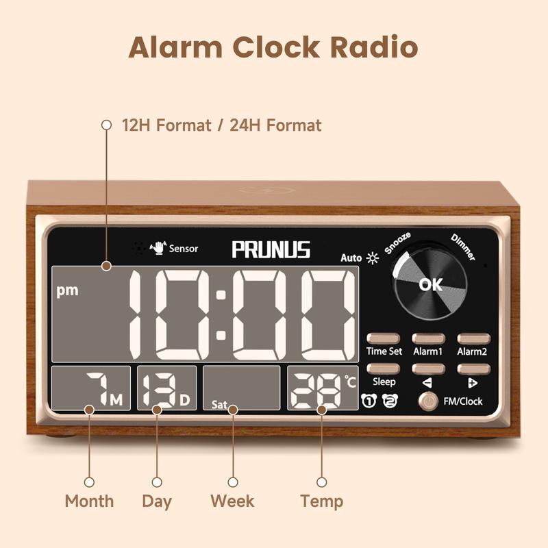 PRUNUS J-177 Retro Vintage Alarm Clock Radio with Fast Wireless Charging, Dual Alarms, Snooze, Sleep Aid, Large LED Display,Dimmer Control,Body Sensor,Auto-Dimming,Retro Clock for Bedroom