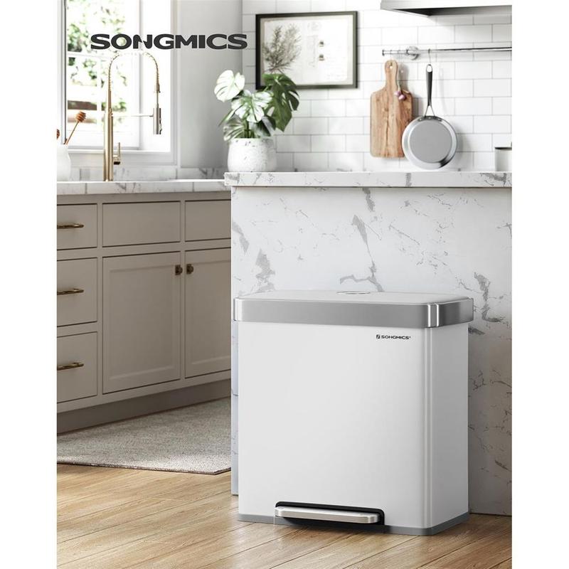 SONGMICS HOME 16 Gallon Dual Compartment Kitchen Trash Can with Soft Close and Removable Plastic Inner Bucket, Stainless Steel, 15 Trash Bags Included