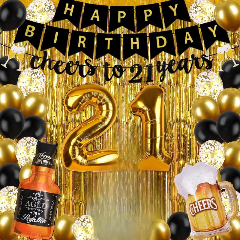 21st Birthday Decorations for Him, Happy Birthday Decorations Black and Gold 21 Birthday Decorations with Happy Birthday Banner, Fringe Curtain, Confetti Balloons