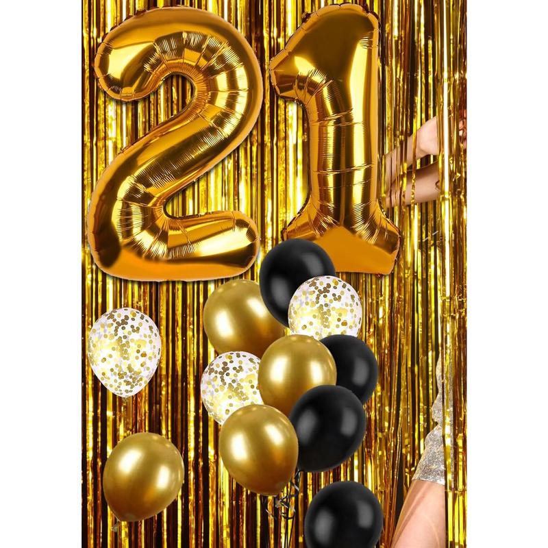 21st Birthday Decorations for Him, Happy Birthday Decorations Black and Gold 21 Birthday Decorations with Happy Birthday Banner, Fringe Curtain, Confetti Balloons