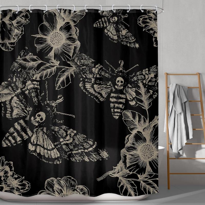 Gothic Skull Halloween Shower Curtain Bathroom Set 60Wx71H Inches Death Head Moth Scary Black Flower Leaves Mysterious Butterfly Bath Accessories Retro Art Home Decor Fabric 12 Pack Hooks