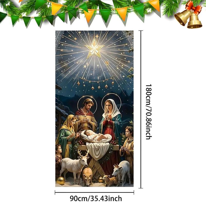 Christmas Themed Door Banner, 1 Count Jesus Birth Door Hanging Banner, Festive Backdrop for Home Living Room Bedroom, Party Decoration Supplies