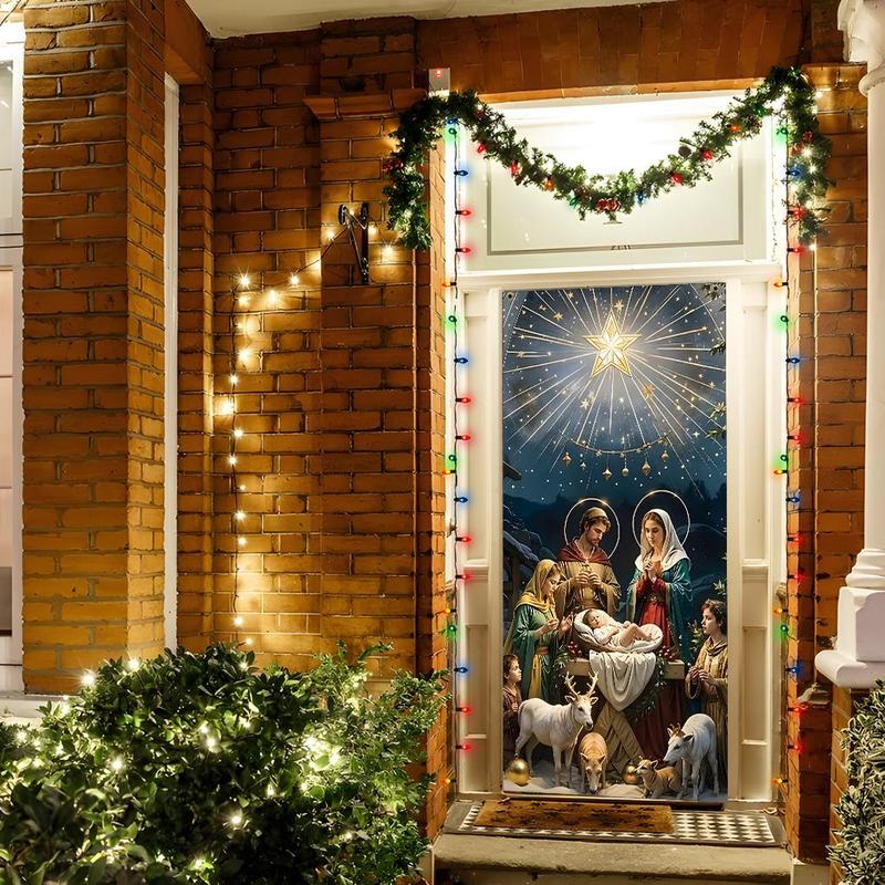 Christmas Themed Door Banner, 1 Count Jesus Birth Door Hanging Banner, Festive Backdrop for Home Living Room Bedroom, Party Decoration Supplies