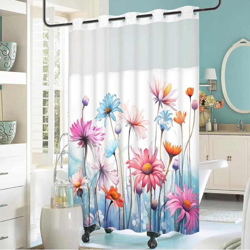 No Hook Flower Shower Curtain with Snap Liner, See Through Shower Curtain with Window, Double Layer, Waterproof, Washable shower curtain