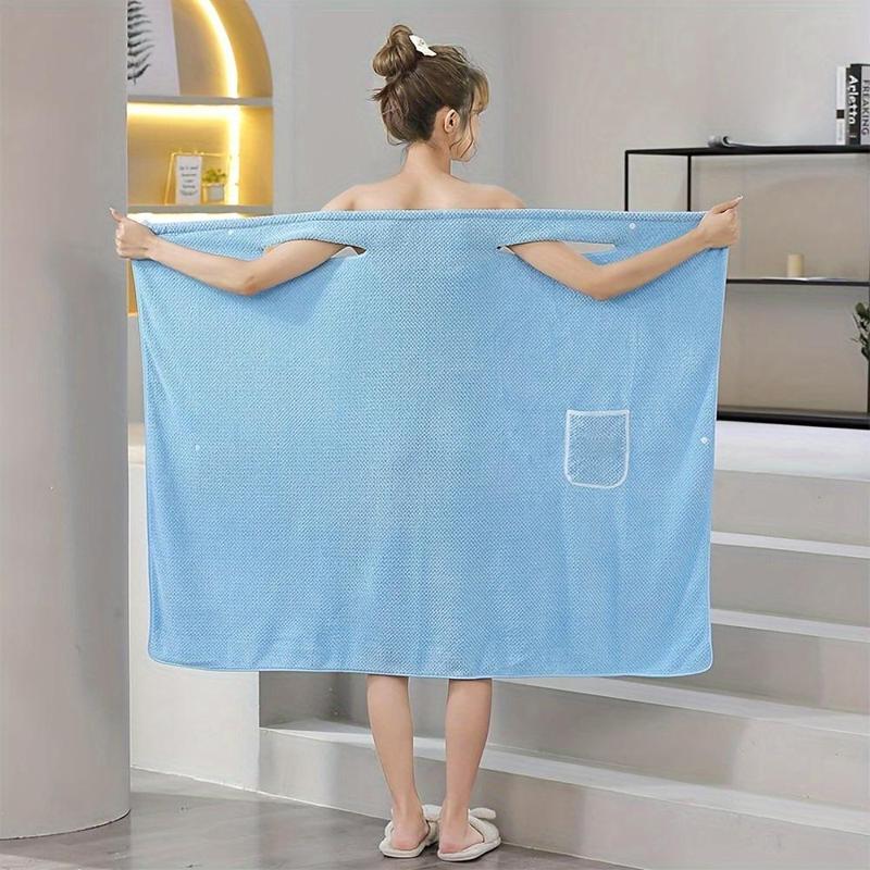 Solid Color Wearable Bath Towel, 1 Count Soft Absorbent Bathrobe with Pocket, Casual Bathrobe for Women & Girls, Bathrobe for Home Bathroom