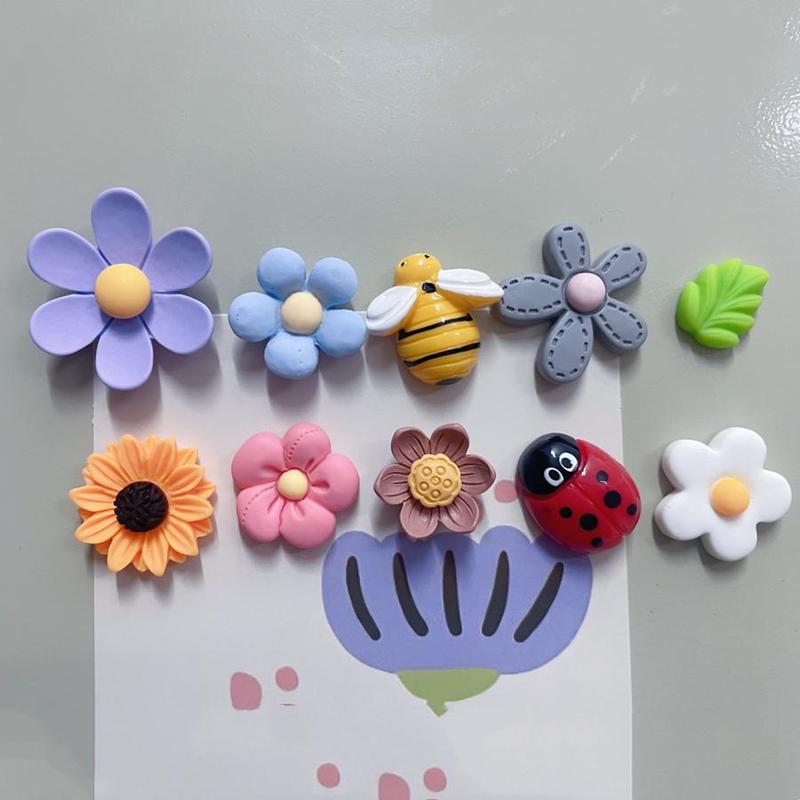 Flower & Bee & Leaves & Ladybugs Design Fridge Magnet, 10pcs set Cute Refrigerator Magnet, Durable & Strong Hold Magnet for Kitchen, Office & More, Home Decor