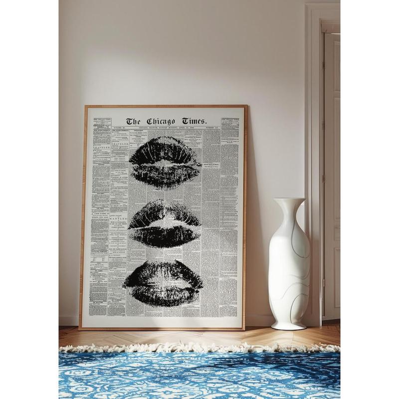 Trendy Wall Art Newspaper Art Prints Black And White Poster Aesthetic Room Decor Vintage Retro Poster Girly Wall Art Kiss Lips Wall Art Dorm