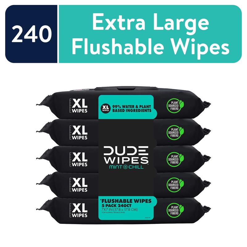 Toilet DUDE Flushable Wipes, Extra Large Mint Chill Wet Wipes for Adult, 48 Count, 5 Pack (240 Total)