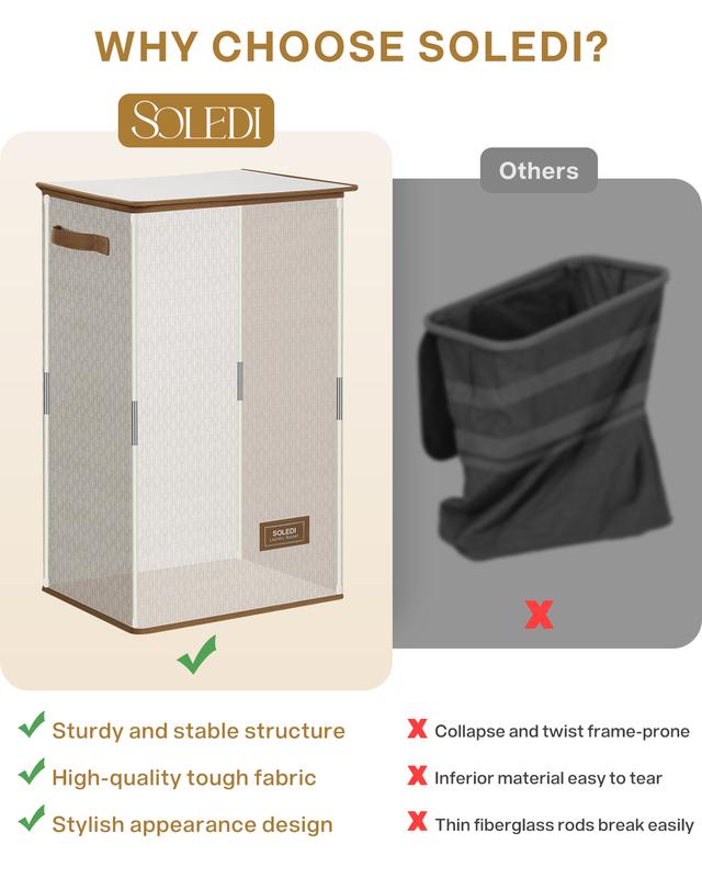 SOLEDI Laundry Basket Hamper with Lid (90L 130L) Water-resistant, High-tenacity Material Collapsible Laundry Basket with 2 Removable Liner Bags - Large Clothes Hamper 2 Section Organiser