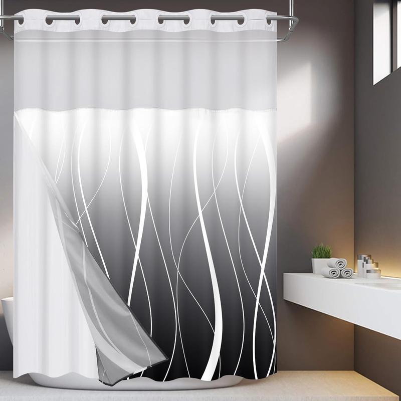 Likiyol Black No Hook Shower Curtain with Snap in Liner, Modern Striped Hotel Shower Curtain and Liner Set, Ombre See Through Shower Curtain with Window, Double Layer, Washable, 71