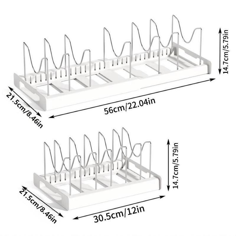 Expandable Pot and Pan Organizer Rack for Cabinet, Pot Lid Organizer Holder with 7 Stainless Steel Adjustable Dividers for Kitchen Cabinet Organizer and Storage ，Multifunctional Kitchen Storage Organizer(White)