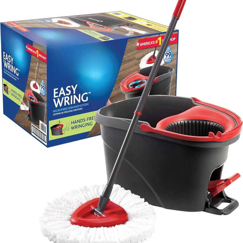 EasyWring Microfiber Spin Mop for Bucket Floor Cleaning, Red and Gray, Standard Size Room