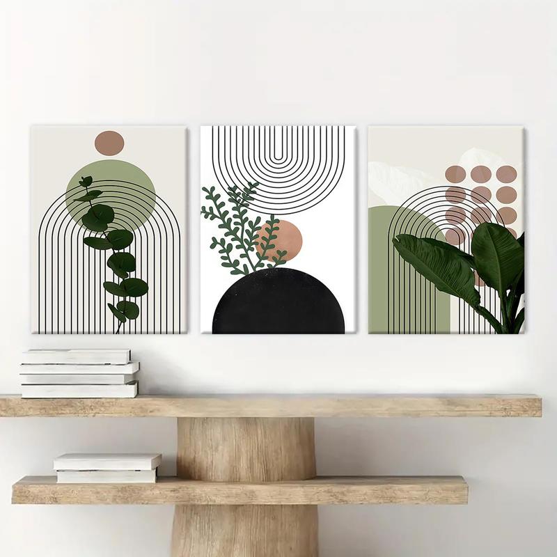 Abstract Plant Pattern Canvas Painting with Wooden Frame, 3 Counts Modern Bohemian Plant Artwork, Wall Decor for Home Living Room Bedroom Office