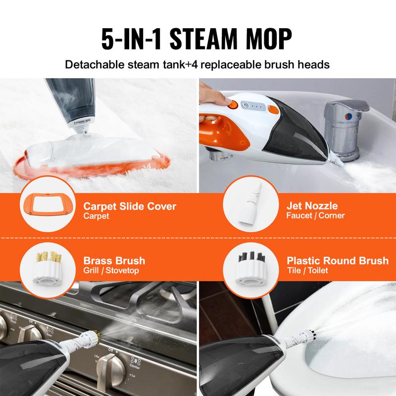 VEVOR Steam Mop, 5-in-1 Hard Wood Floor Cleaner with 4 Replaceable Brush Heads, for Various Hard Floors, Like Ceramic, Granite, Marble, Linoleum, Natural Floor Mop with 2 pcs Machine Washable Pads Cleaning Handheld