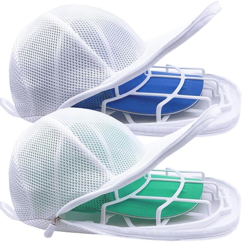 Hat Washer for Washing Machine, Cap Cleaner with Mesh Bags, Safeguard for Baseball Caps, Cleaning Protector Cage (White - 2 Pack)